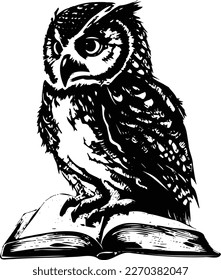 Owl reading a book scout isolated on white vector illustration. Owl and open book tattoo and t-shirt design. Hand drawing with strokes. sketch.