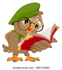 Owl reading book scout. Isolated on white vector illustration