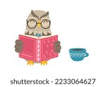 Owl reads book with cup of tea. Children eductation illustration. 