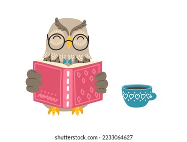 Owl reads book with cup of tea. Children eductation illustration. 