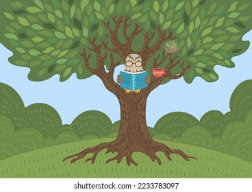 Owl reads book on big tree. Children illustration, literature, storytime, education concept. 