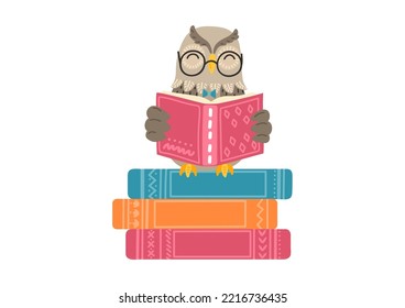 Owl reads book sitting on stack of books. Children illustration, literature, storytime, education concept. 