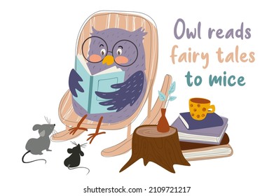 Lechuza lee cuentos de hadas a los antecedentes del concepto de ratones. El animal lee un libro sentado en una silla cerca de un montón de libros. Las mascotas felices aman la literatura, el aprendizaje, la educación. Ilustración vectorial en diseño de dibujos animados planos