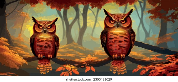 Owl  Realistic bird dark moon forest background  Dark night background  autumn fairy tale art  Fashion template for clothes vector cartoon style owl