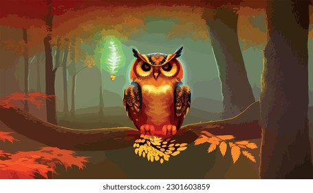 Owl  Realistic bird dark moon forest background  Dark night background  autumn fairy tale art  Fashion template for clothes vector cartoon style owl