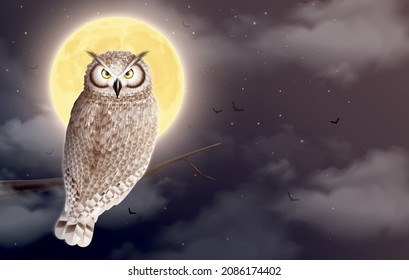 Owl realistic night composition with nocturnal scenery and bird sitting on branch in front of moon vector illustration