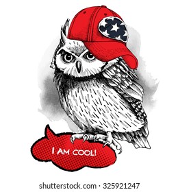 Owl in red cap. Vector illustration.