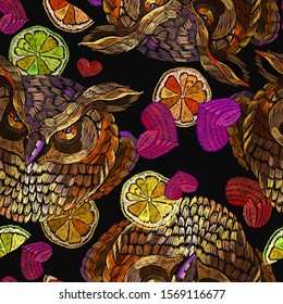 Owl, red heart and lemon slice seamless pattern. Magic love embroidery, fairy tale art. Fashion template for clothes, t-shirt design 