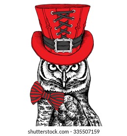 Owl in a red steampunk top hat and with bow. Vector illustration.