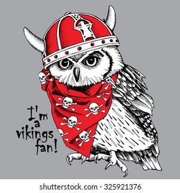 Owl in a red viking helmet with horns and neckerchief with images of skulls. Vector illustration.