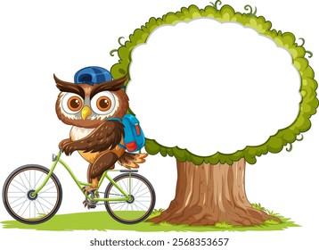 Owl riding a bike beside a large tree