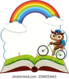 Owl riding a bike over an open book