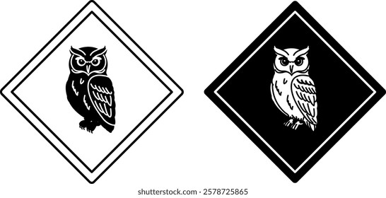 Owl Road Signs. Black and White Vector Icons. Bird. Road Sign Warning Animals Crossing the Road. Zoo Sticker