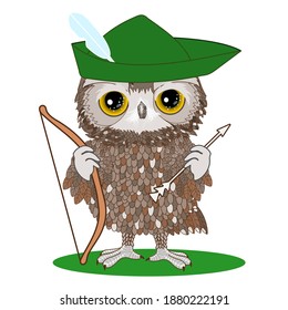 owl Robin Hood holding arrow and bow, classic folk character wearing medieval English hat,famous thug that lived in Sherwood forest of Nottinghamshire during dark ages of England