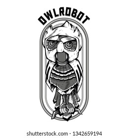 Owl Robot Black and White Illustration