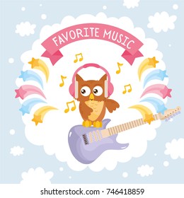 Owl and rock guitar. Favorite music greeting card. Creative illustration with animals and musical instrument. Poster or banner design.