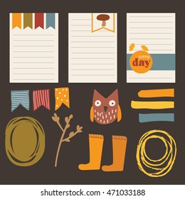 Owl, rubber boots. Autumn set of stickers for design website, blog, magazine on black background. collection  for scrapbook.  Set  Autumn object isolated.  Autumn element. Autumn cartoon.