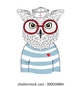 owl sailor, nautical poster, hand drawn graphic, animal illustration, textile design, isolated on white