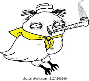 owl sailor smoking hat black and white vector illustration tattoo