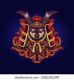 owl samurai illustration with ornamental