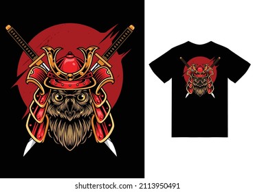 Ilustración de búho samurai con diseño de camisetas de gran valor vector el concepto de tecnología aislada. Estilo de caricatura plana adecuado para lanzar páginas web, carteles, volantes