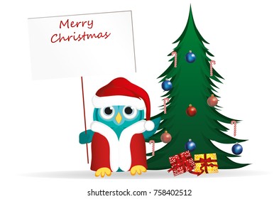 Owl in Santa Claus costume against the background of a Christmas tree with gifts, holds an empty poster for your text or advertisement. Greeting card for the New Year holiday. Vector.
