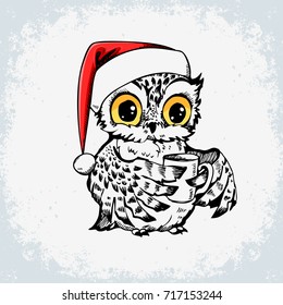 Owl Santa Claus hand drawn Christmas poster with grunge texture. Can be used for kids print on t-shirts, bags, celebration greeting and invitation card