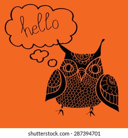 Owl say Hello vector illustration. Cartoon owlet  with comic bubble with word. Black owl silhouette on red.