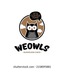The owl says, let's have coffee. Owl emblem, logo for a coffee shop in Cartoon style.