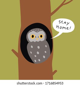Owl says " Stay home" white sitting in the hollow. Color vector illustration in the flat style.