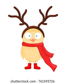 owl in the scarf, boots with deer antlerss. postcard for the new year and Christmas. Isolated objects bird on white background. Template for text and congratulations