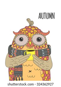Owl in scarf with cup of coffee or tea. Vector illustration