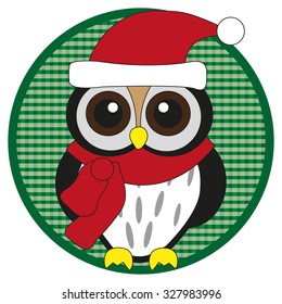 Owl with scarf and hat on dark green button on white background