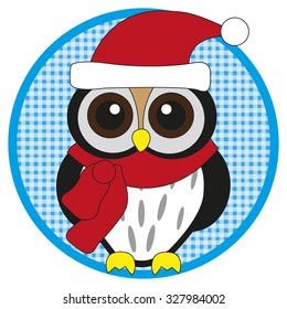 Owl with scarf and hat on light blue button on white background