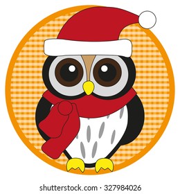 Owl with scarf and hat on orange button on white background