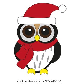 Owl with scarf and hat on white background