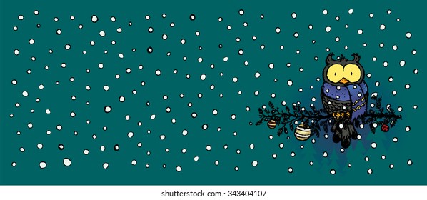 Owl with scarf.Funny looking character sitting on decorated pine tree branch.Christmas card vector