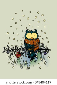 Owl with scarf.Funny looking character sitting on decorated pine tree branch.Christmas card vector