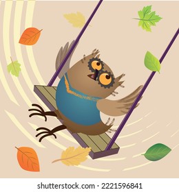 Owl schoolboy on a swing surrounded by autumn leaves, vector illustration.