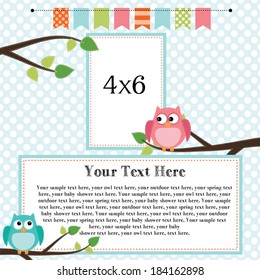 Owl scrapbooking template with banner or bunting and 4x6 frames for photos or text, vector format.