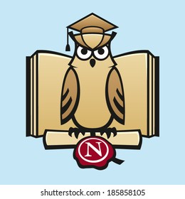 Owl with scroll, book and graduation cap 