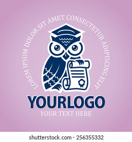 Owl with scroll and graduation cap logo design template