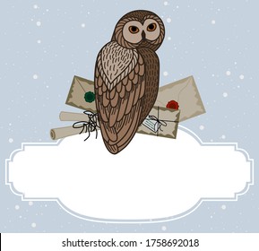 Сard with an owl, scrolls and letters on a blue background.