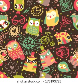 Owl seamless background with flower and fashionable things. Heart, bike, camera, glasses, frame. Seamless pattern can be used for wallpaper, pattern fills, web page background, surface textures