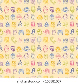 Owl seamless background. Hand drawn vector illustration.