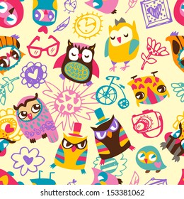 Owl seamless background. Hand drawn vector illustration.