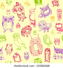 Owl seamless background. Hand drawn vector illustration.