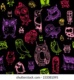 Owl seamless background. Hand drawn vector illustration.
