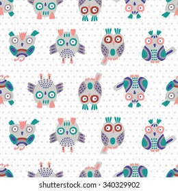Owl seamless background. Kid colorful surface decoration with funny owls.Vector illustration. Cloth design, wallpaper, wrapping.