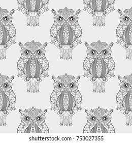 Owl. Seamless pattern. Design Zentangle. Hand drawn abstract patterns on isolation background. Design for spiritual relaxation for adults. Line art creation. Zen art. Decorative style
